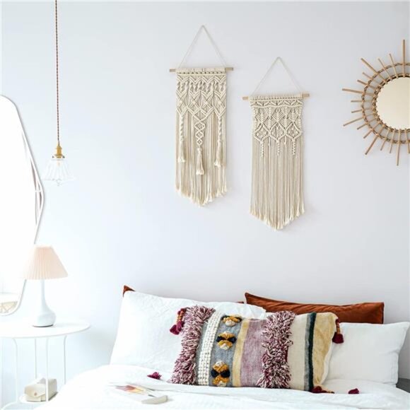 2 Pcs Macrame Woven Wall Hanging Boho Chic Geometric Art Decor - Bedroom Nursery - Picture 2 of 7